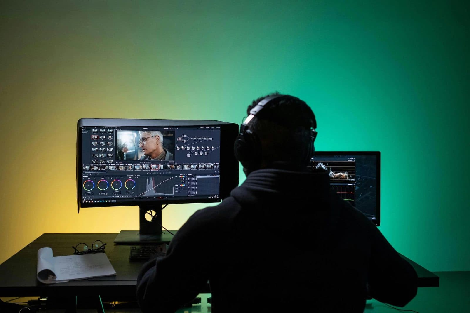 Student video editor working at a desk with two monitors