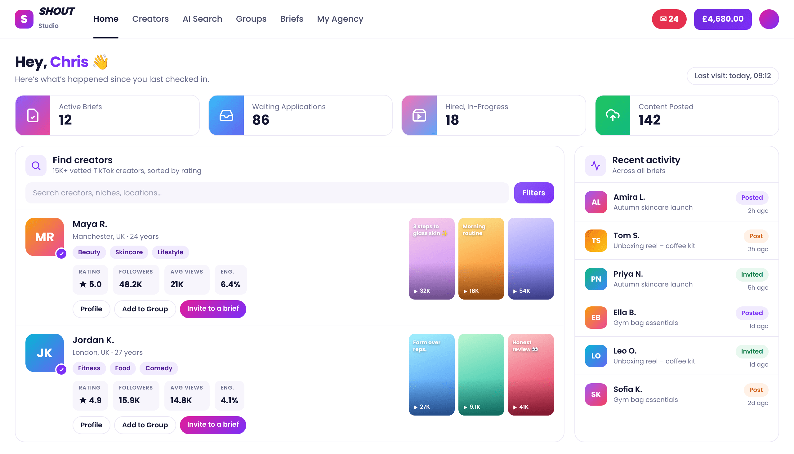 SHOUT Studio dashboard with brief stats, a creator search showing ratings, followers and portfolio videos, and recent campaign activity
