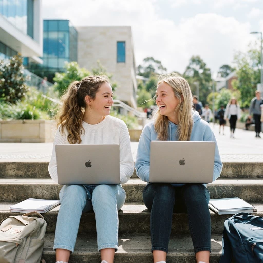 Students working on a task together on campus